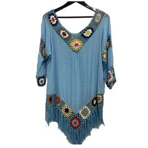ASHA Womens Tunic Coverup Bohemian Floral Embroidered Crochet OS Deep V-Neck